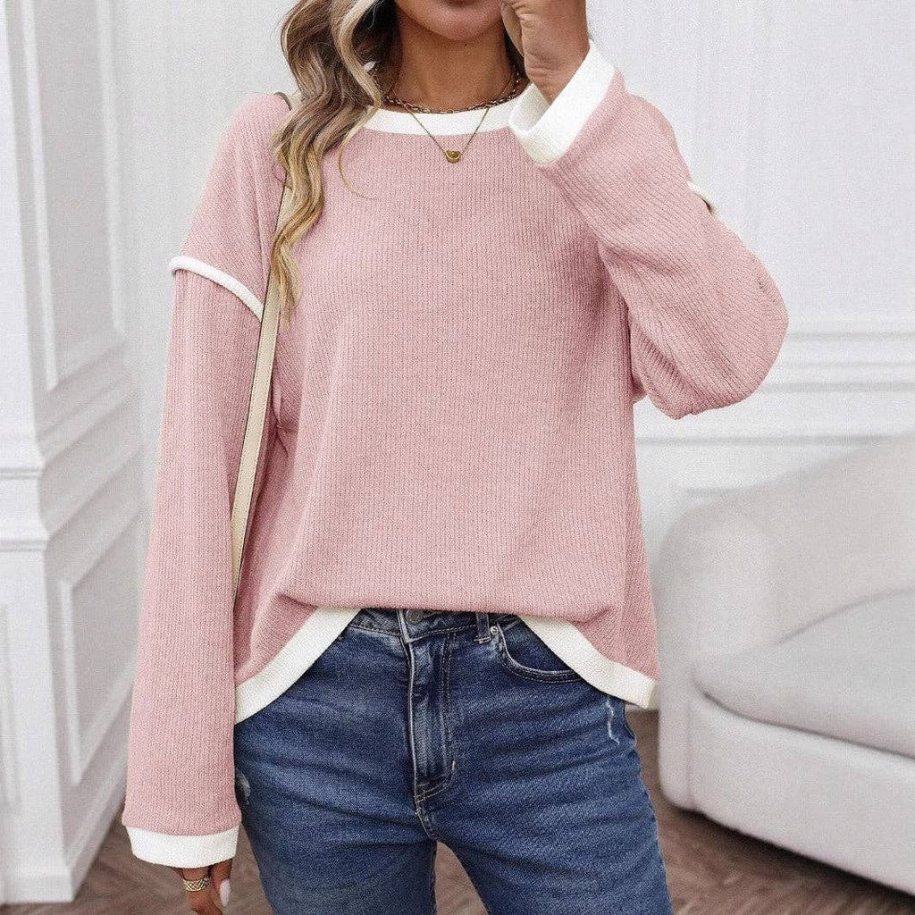 Colorblock Crewneck  Long Sleeve Pullover Top - Pink