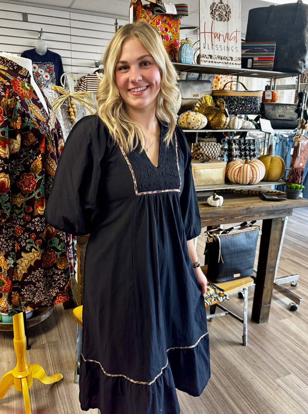 Black with Leopard Trim Midi Dress