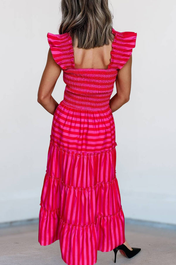 Stripe Wide Strap Smocked Bodice Tiered Maxi Dress