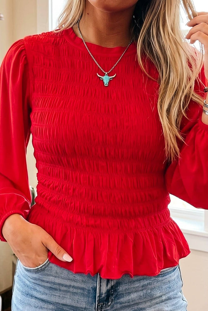 Little Daisy Closet - Western Solid Color Smocked Ruffle Hem Long Sleeve Blouse: Racing Red / L