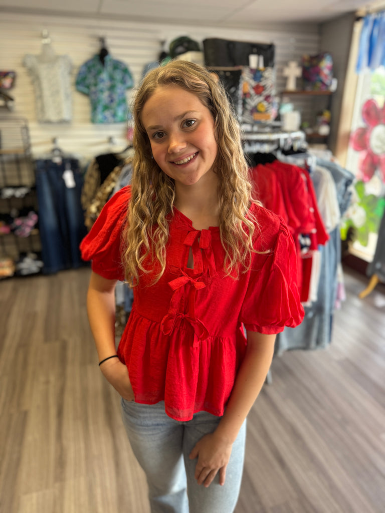 Solid Bow Ties Peplum Top with U-Neck - Red