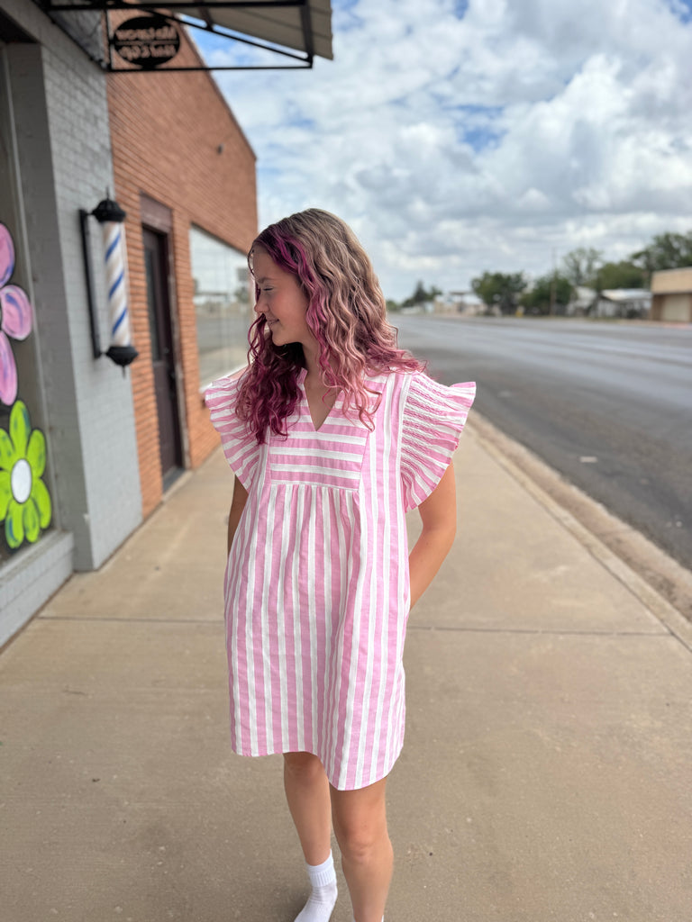 Stripes cotton dress with slit frilled neck - Pink