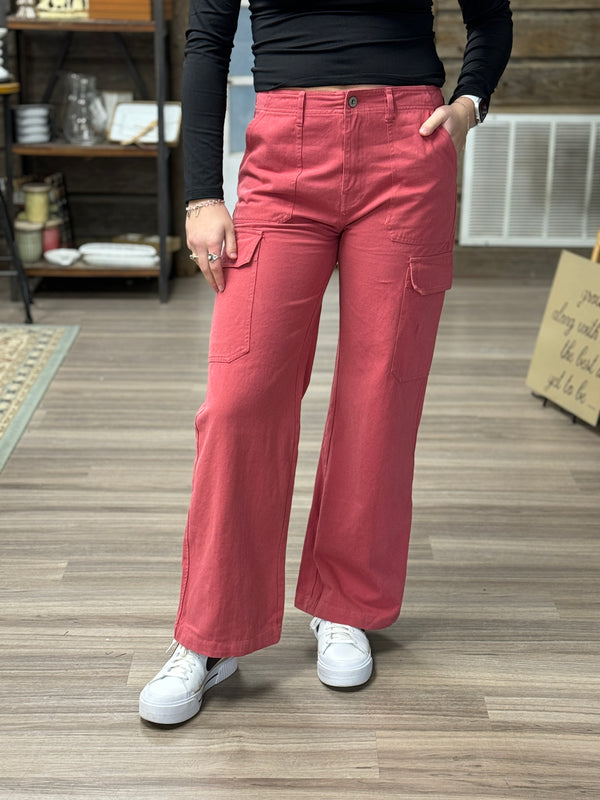 Berry Solid Stone Washed Straight Cargo Pants