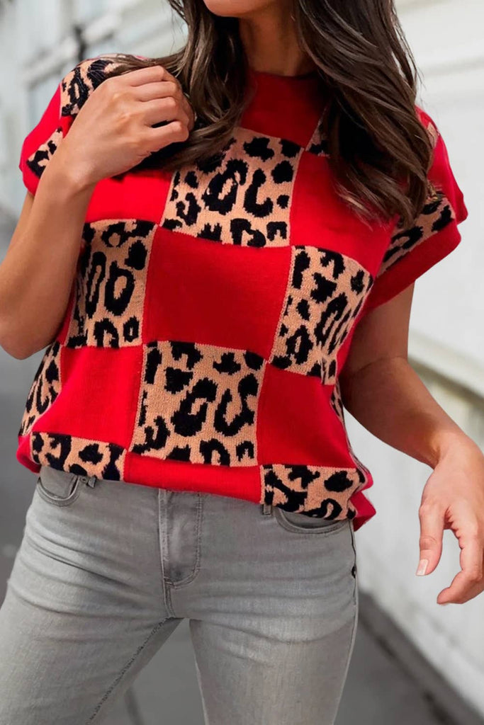 Leopard Check Short Sleeve Sweater- Red