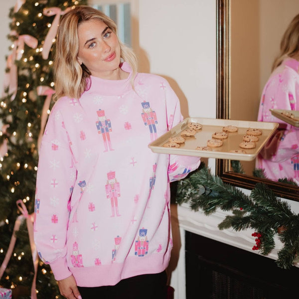 Katydid - Nutcrackers Printed All Over Christmas Sweatshirt: Light Pink / XXL