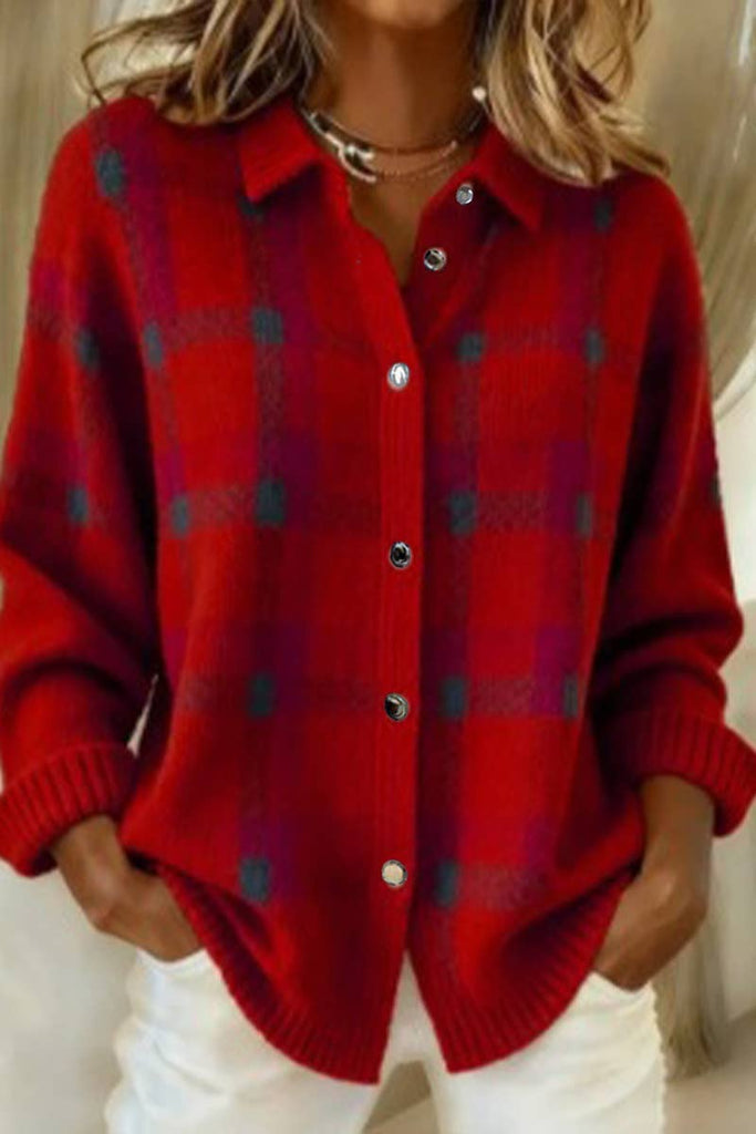 Lovesoft - Plaid Knit Shirt Cardigan for Women, Relaxed Button-Up: Red / 65%Viscose35%Polyester / S