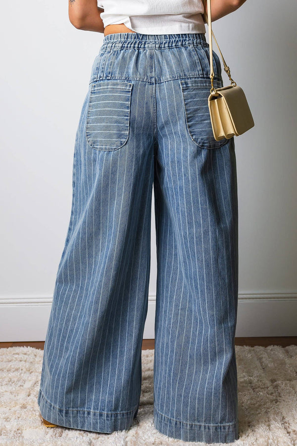 PRETTY BASH - PRETTY BASH Stripe Button High Waist Pleated Wide Leg Jeans: Sky Blue Stripe / 14