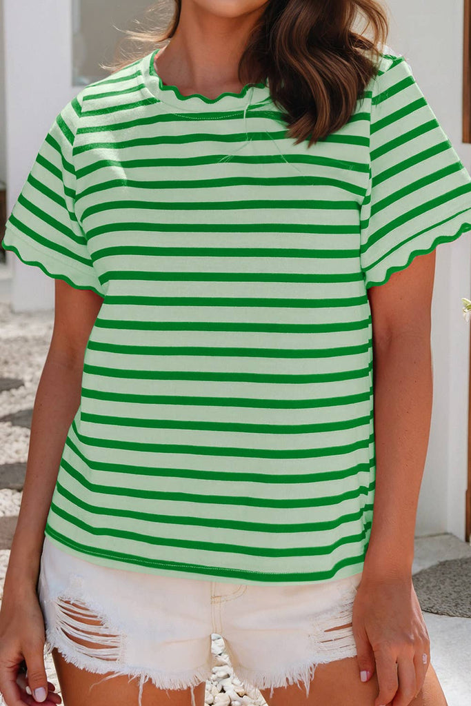 Spring Scalloped Trim Round Neck Stripe T Shirt
