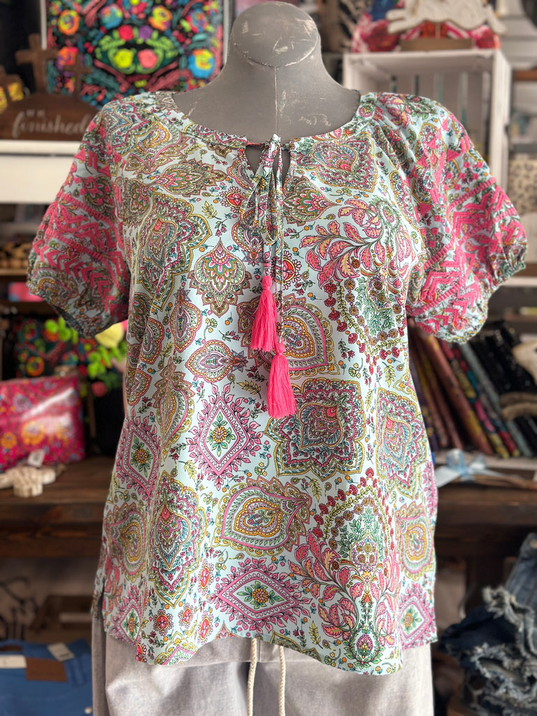 Kelsey Mint Printed Top with Pink Embroidery Detail