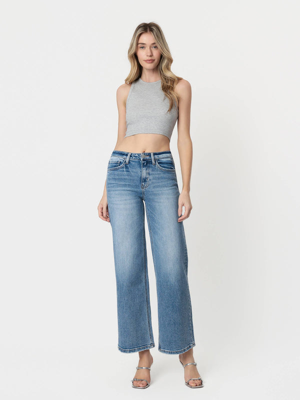 High Rise Medium Wash Full Length Wide Leg Jeans