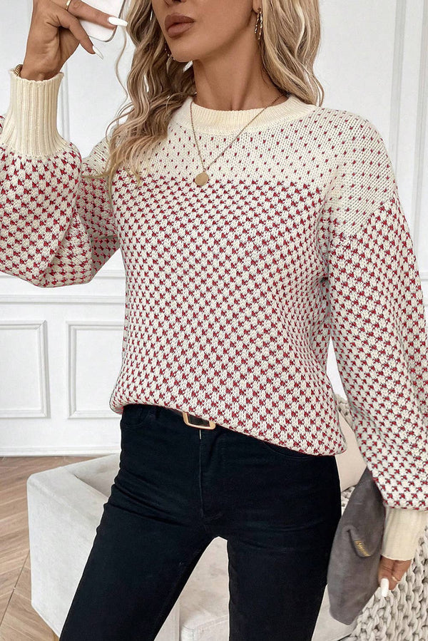 Contrast Color Pattern Lantern Sleeve Sweater: Red