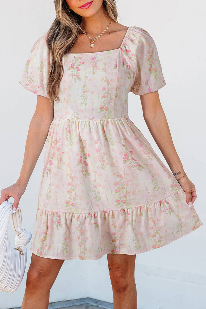 Knot Back Floral Puff Sleeve Cute Mini Dress