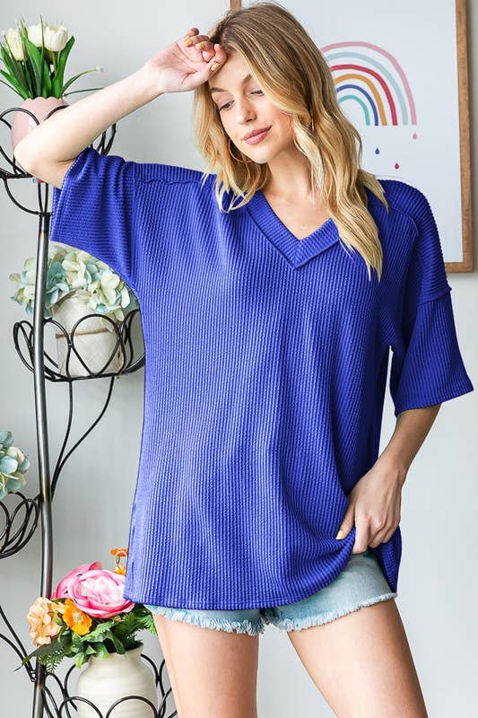 SOLID RIBBED V-Neck TOP