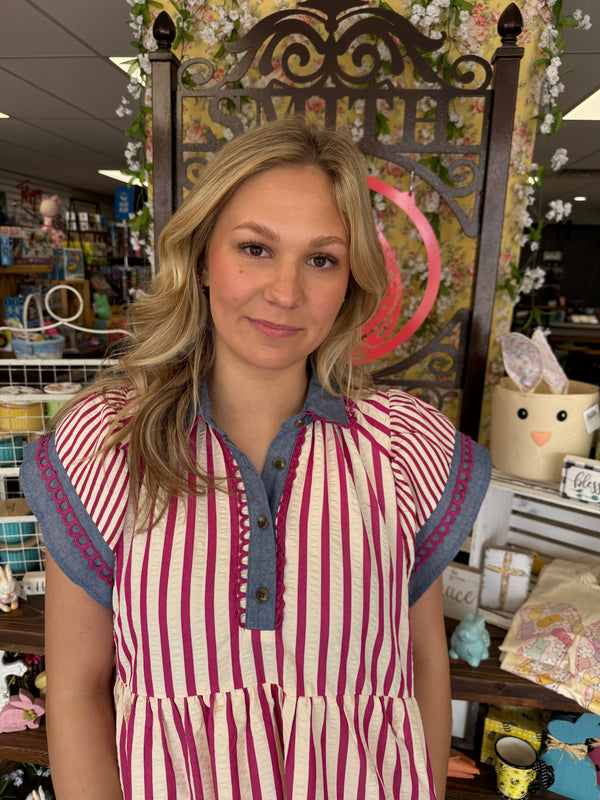 Mixed Stripe Flutter Sleeve Tiered Dress