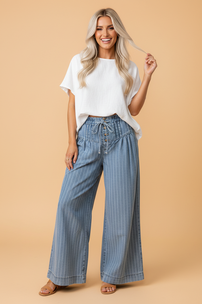 PRETTY BASH - PRETTY BASH Stripe Button High Waist Pleated Wide Leg Jeans: Sky Blue Stripe / 14