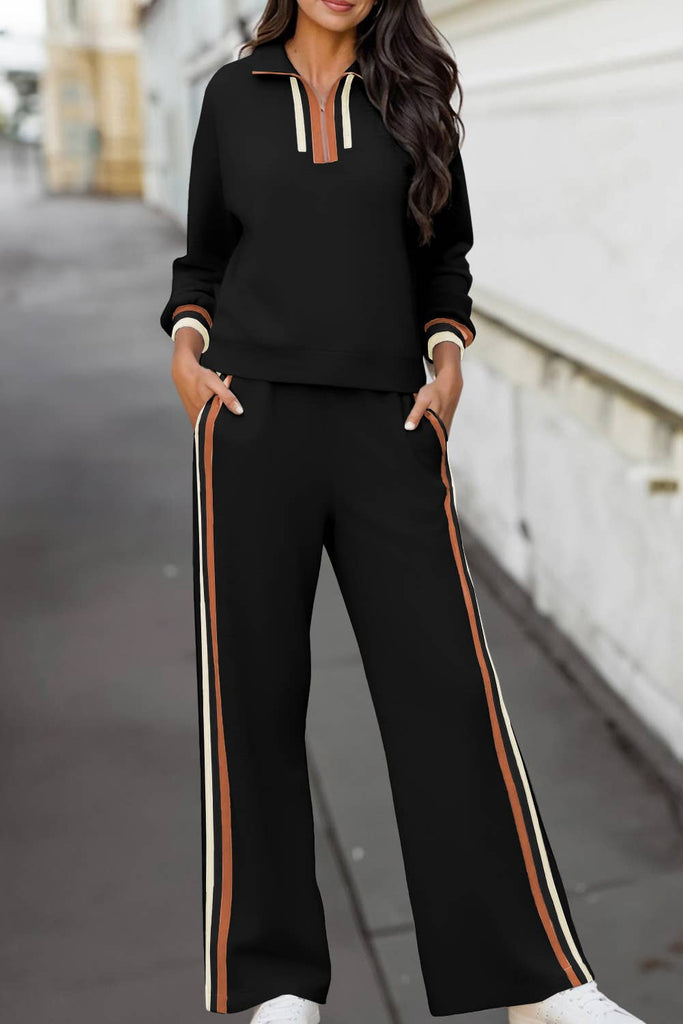 Striped Trim Zip Collared Pullover & Pants Set - Black