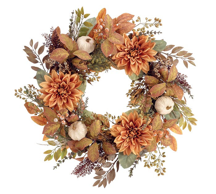 Fall Wreath - Dahlia Flowers with Pumpkins