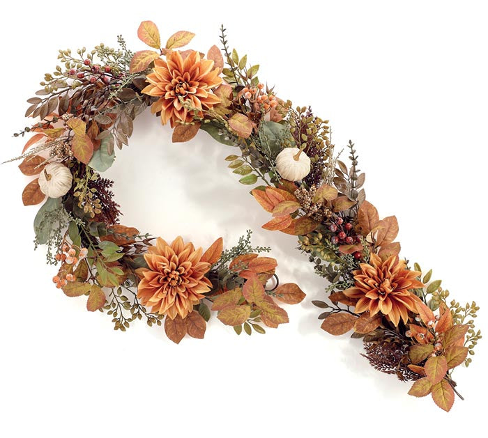 GARLAND WITH DAHLIAS AND WHITE PUMPKINS