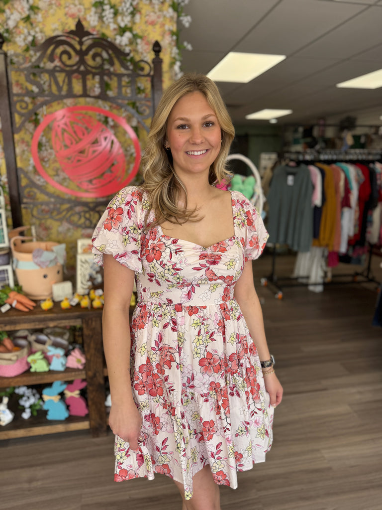 Floral Puff Sleeve Tiered Mini Dress- Pink