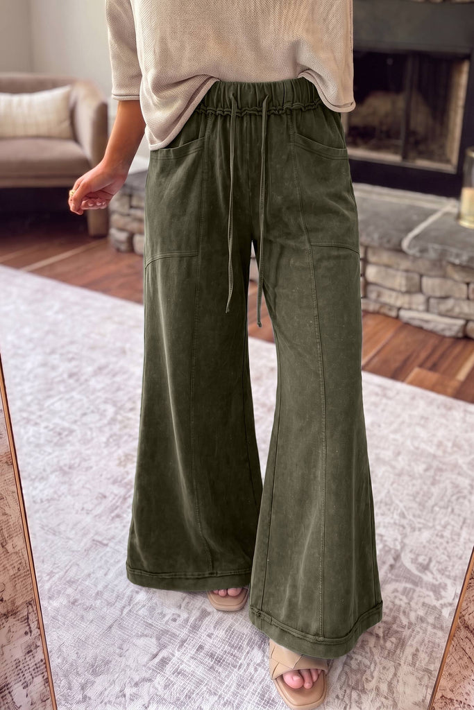 Little Daisy Closet - HOT Mineral Wash Seam Detail Flare Leg Drawstring Pants|S-4X: Jungle Green / S