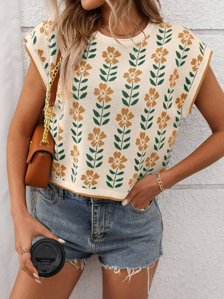 Retro Floral Knit Crop Top Vintage Pullover - see Colors