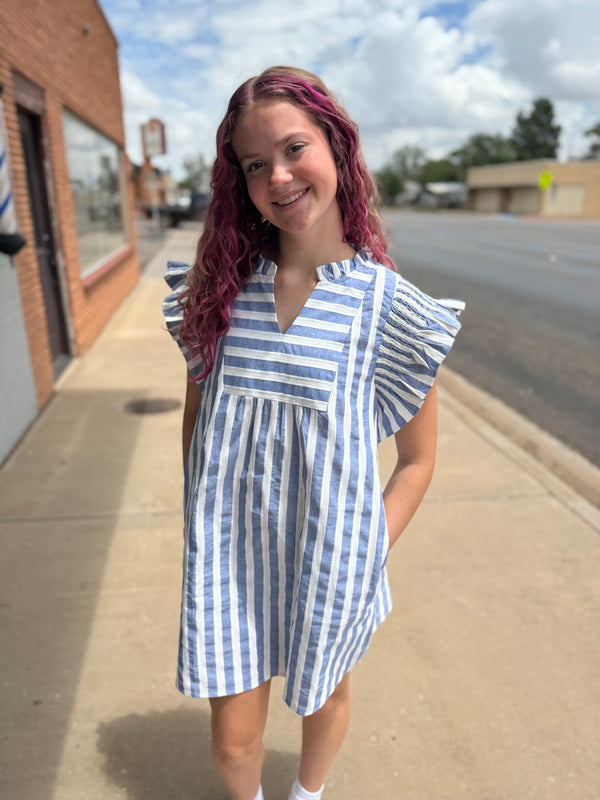 Stripes cotton dress with slit frilled neck- Blue