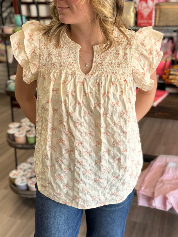 Pink Bow Printed Top with Ruffle Sleeves