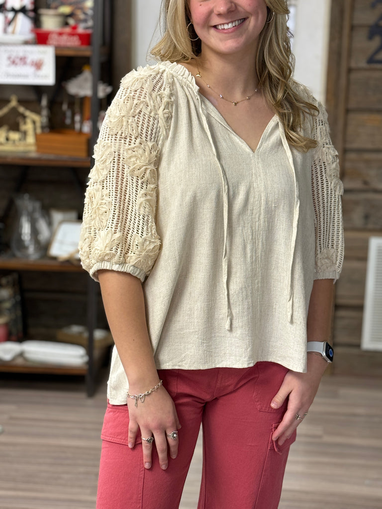 Cream Linen Top with V-Neck Raglan Contrast Flower Sleeve