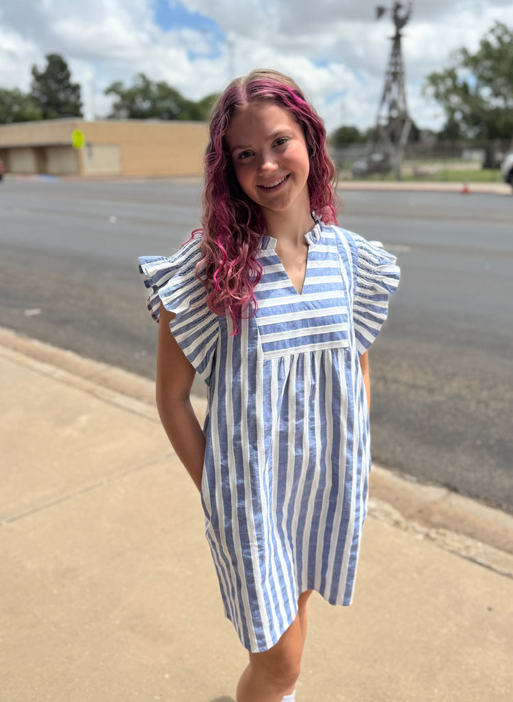 Stripes cotton dress with slit frilled neck- Blue