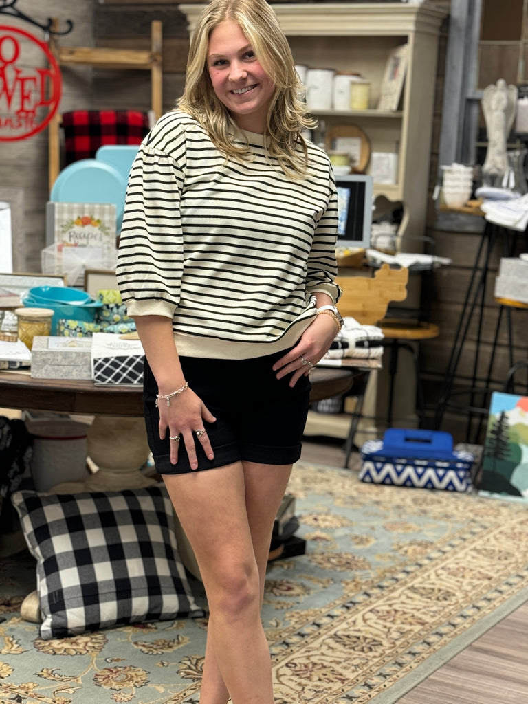 Oaklee Black Striped Print Top with Three Quarter Bubble Sleeves
