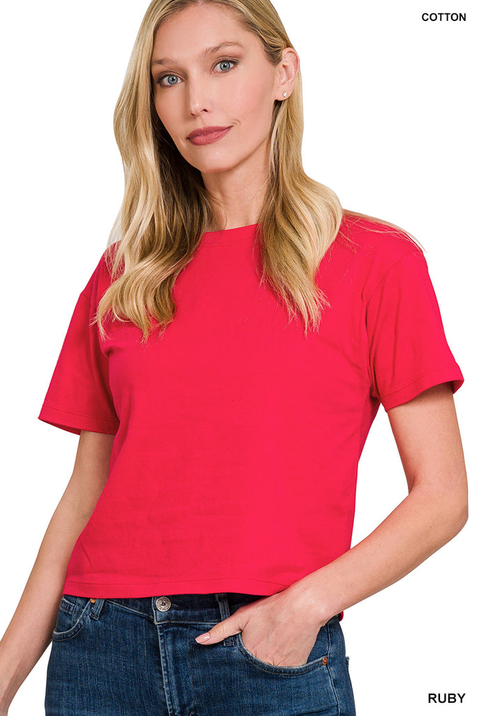 Cropped Crew Neck Short Sleeve Tee - Ruby
