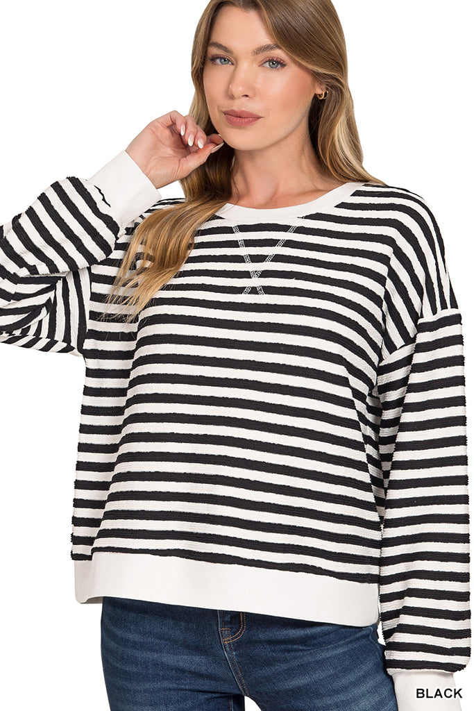 Stripped Rib Long Sleeve Banded Pullover - Black