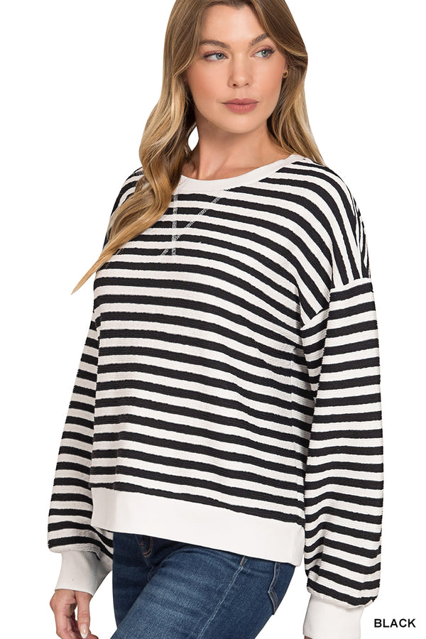 Stripped Rib Long Sleeve Banded Pullover - Black