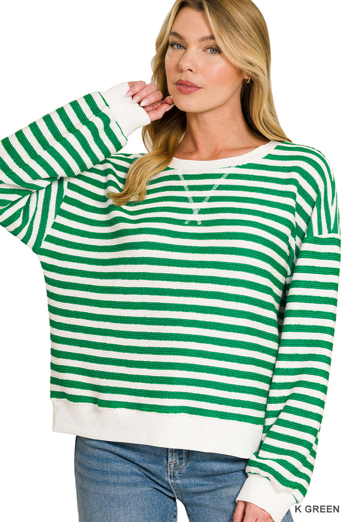 Stripped Rib Long Sleeve Banded Pullover - Kelly Green