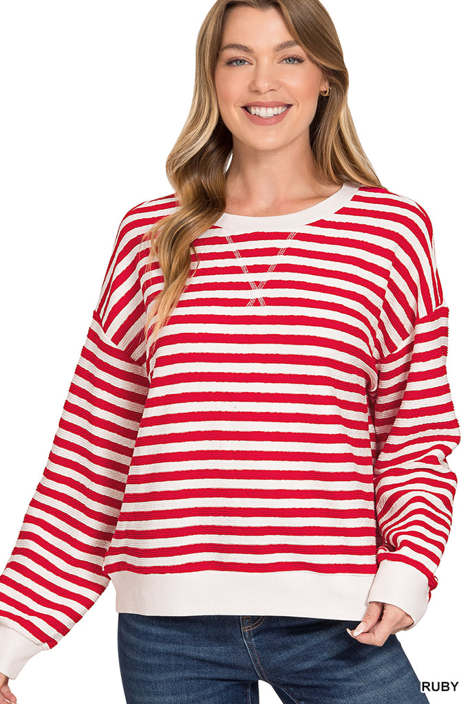 Stripped Rib Long Sleeve Banded Pullover - Red