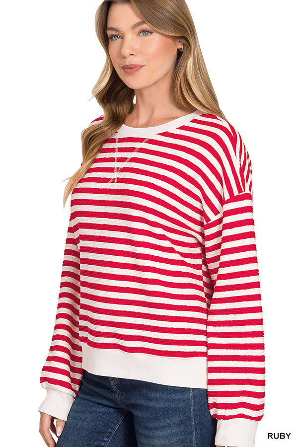 Stripped Rib Long Sleeve Banded Pullover - Red