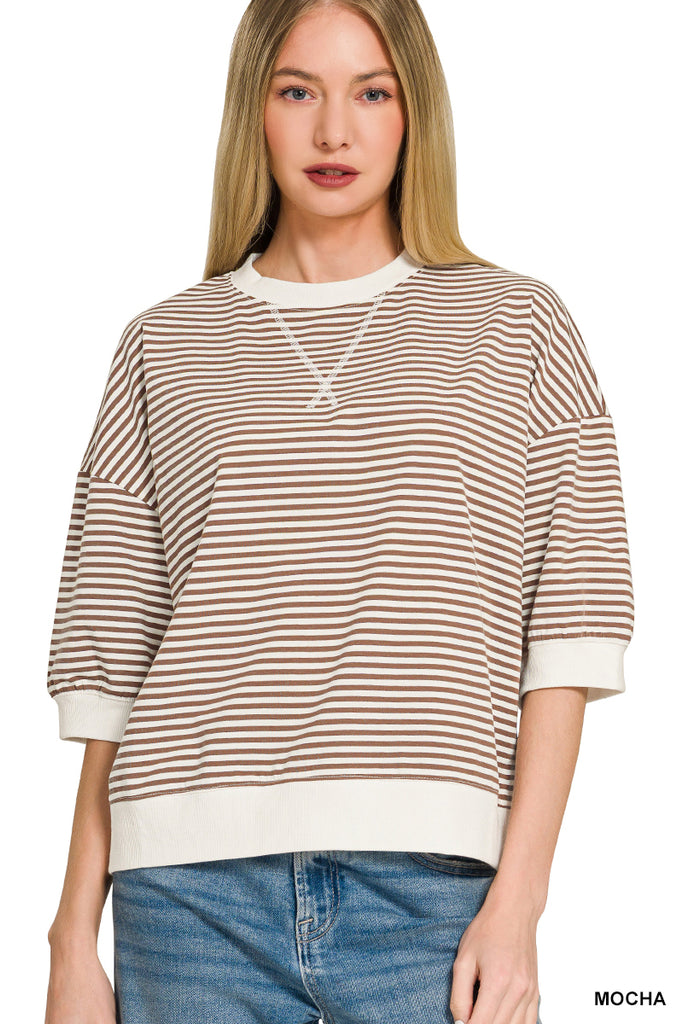 Striped Rib Banded 3/4 Sleeve Pullover - Mocha