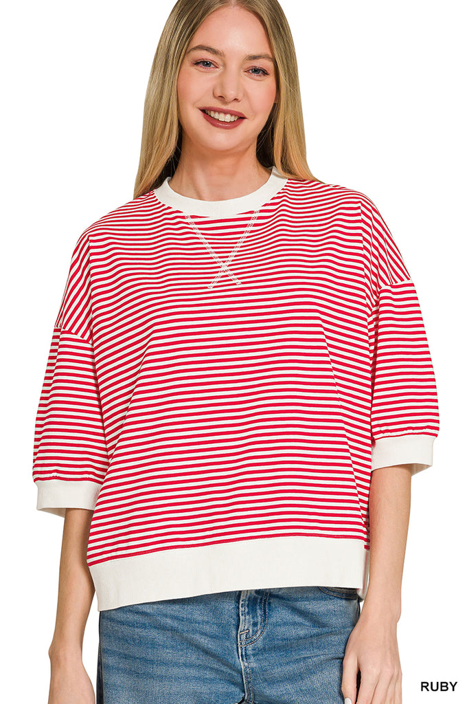 Striped Rib Banded 3/4 Sleeve Pullover - Ruby