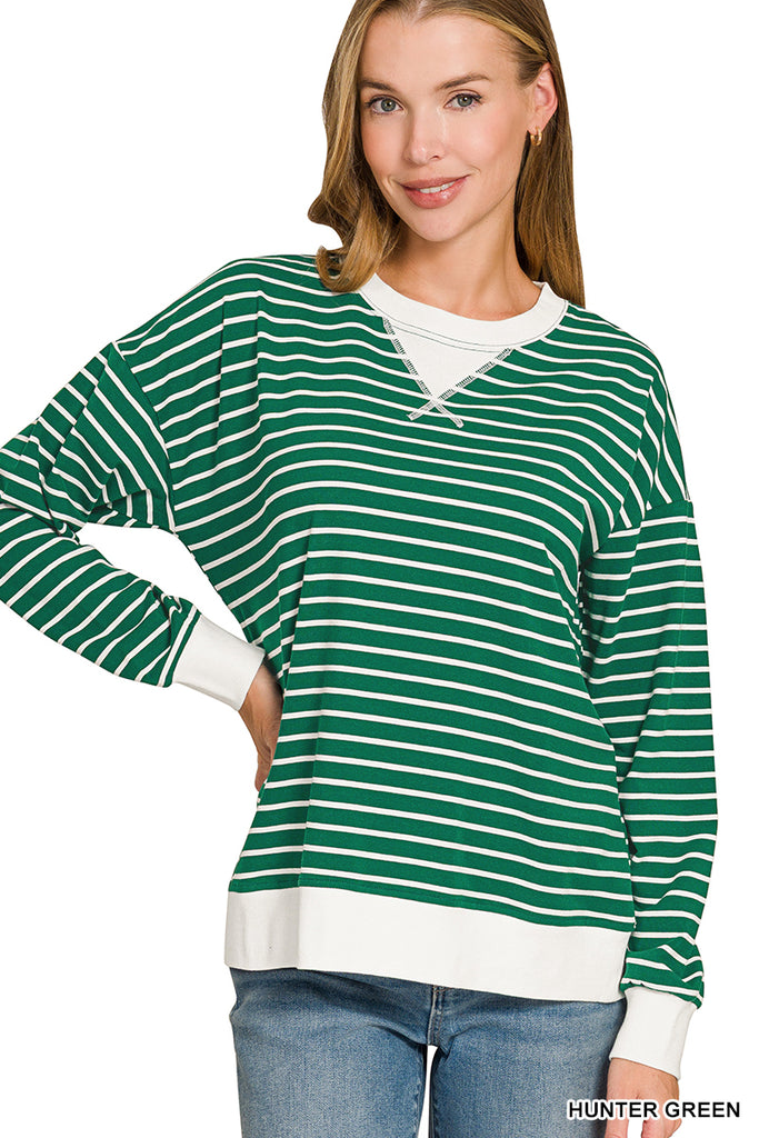 Striped Ribbed Banded Long Sleeve Top - Hunter