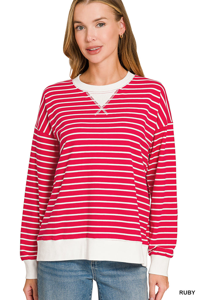 Striped Ribbed Banded Long Sleeve Top - Ruby