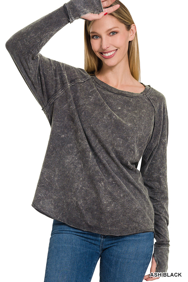 Brenda Washed Scoop Neck Long Sleeve Top