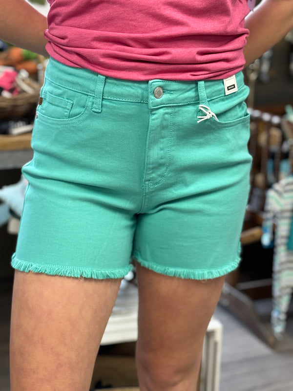 Judy Blue Mid Rise Aquamarine Fray Hem Shorts