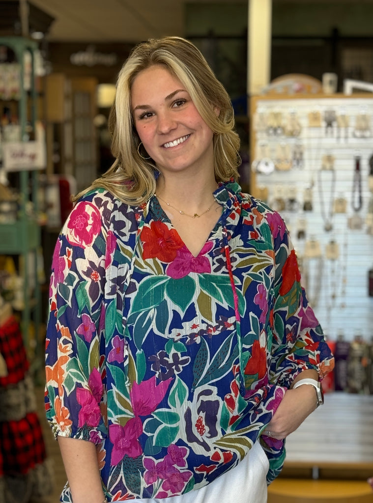 Navy Floral Print Ruffle Neck Top 3/4 Sleeves