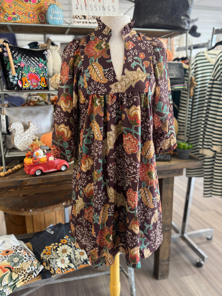 Brown Floral Ruffle Neck Mini Dress