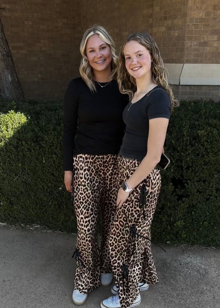 Bold Leopard Print Bow Tie Wide Leg Pants