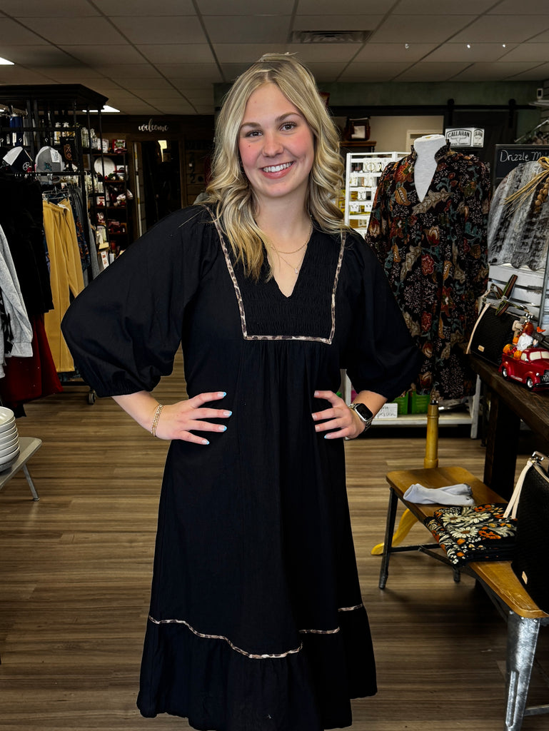 Black with Leopard Trim Midi Dress