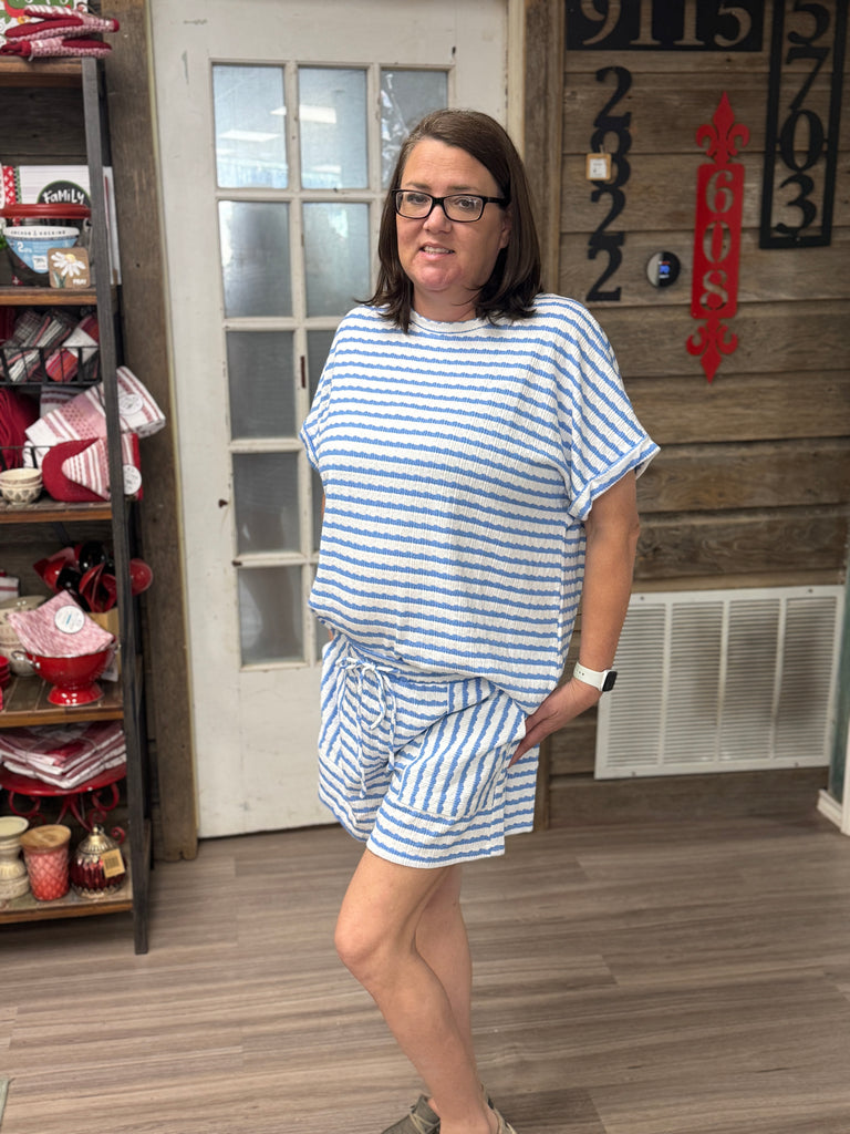 Stripe Knitted Top and Drawstring Shorts Set - Blue