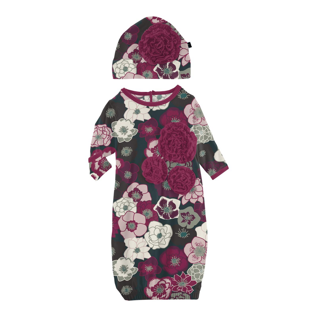 Dahlia Flower Layette Gown & Knot Hat Set