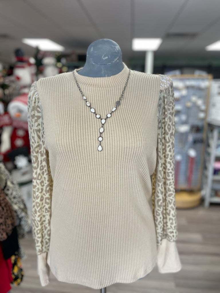 Cream Solid knit top with Leopard print long balloon sleeves