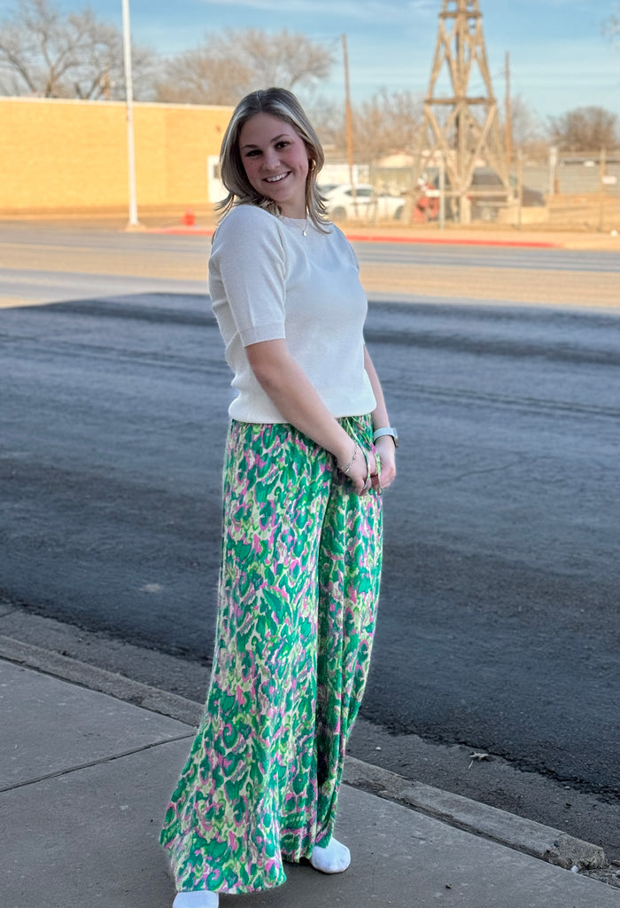 Green Mixed Print High Waist Wide Let Pants